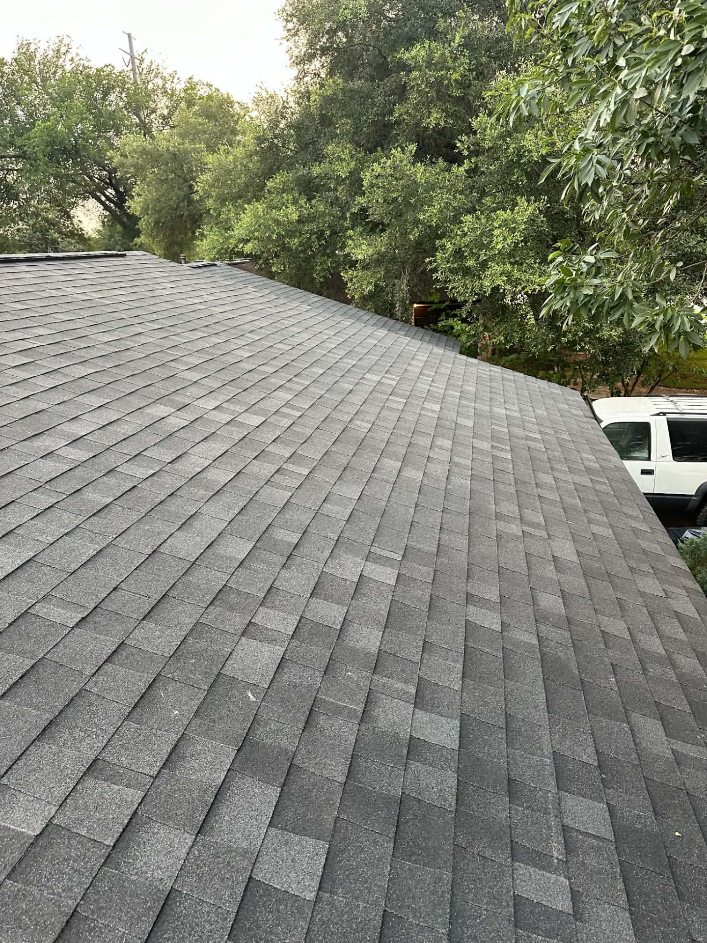 Completed gray shingle roof slope beside trees