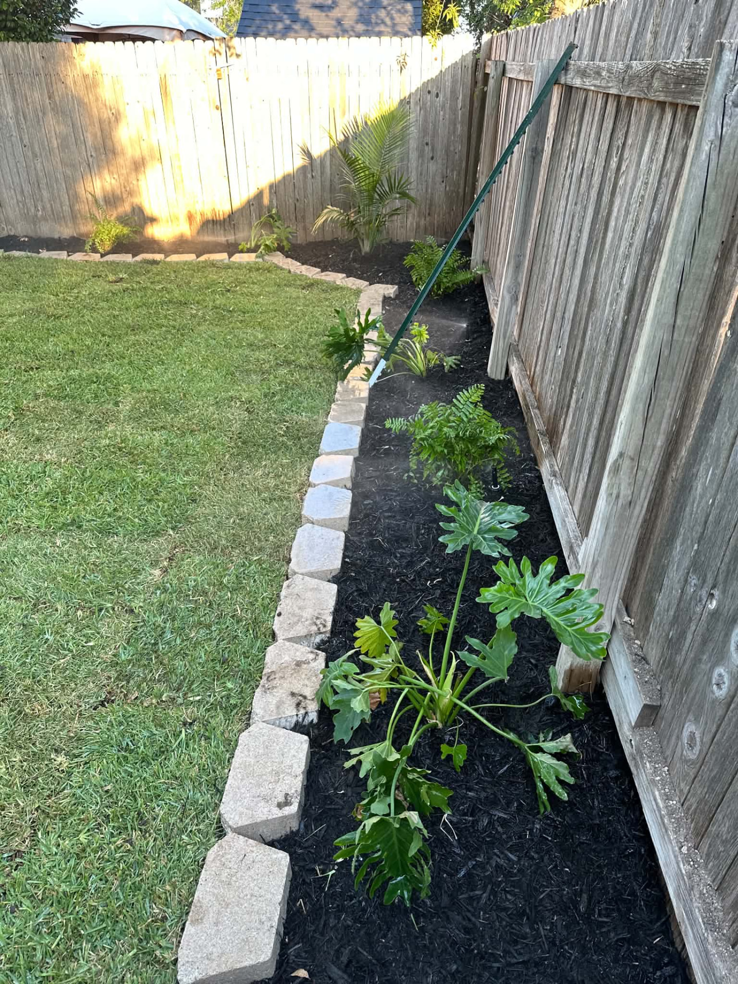 Stone-edged garden bed with plants along a wooden fence