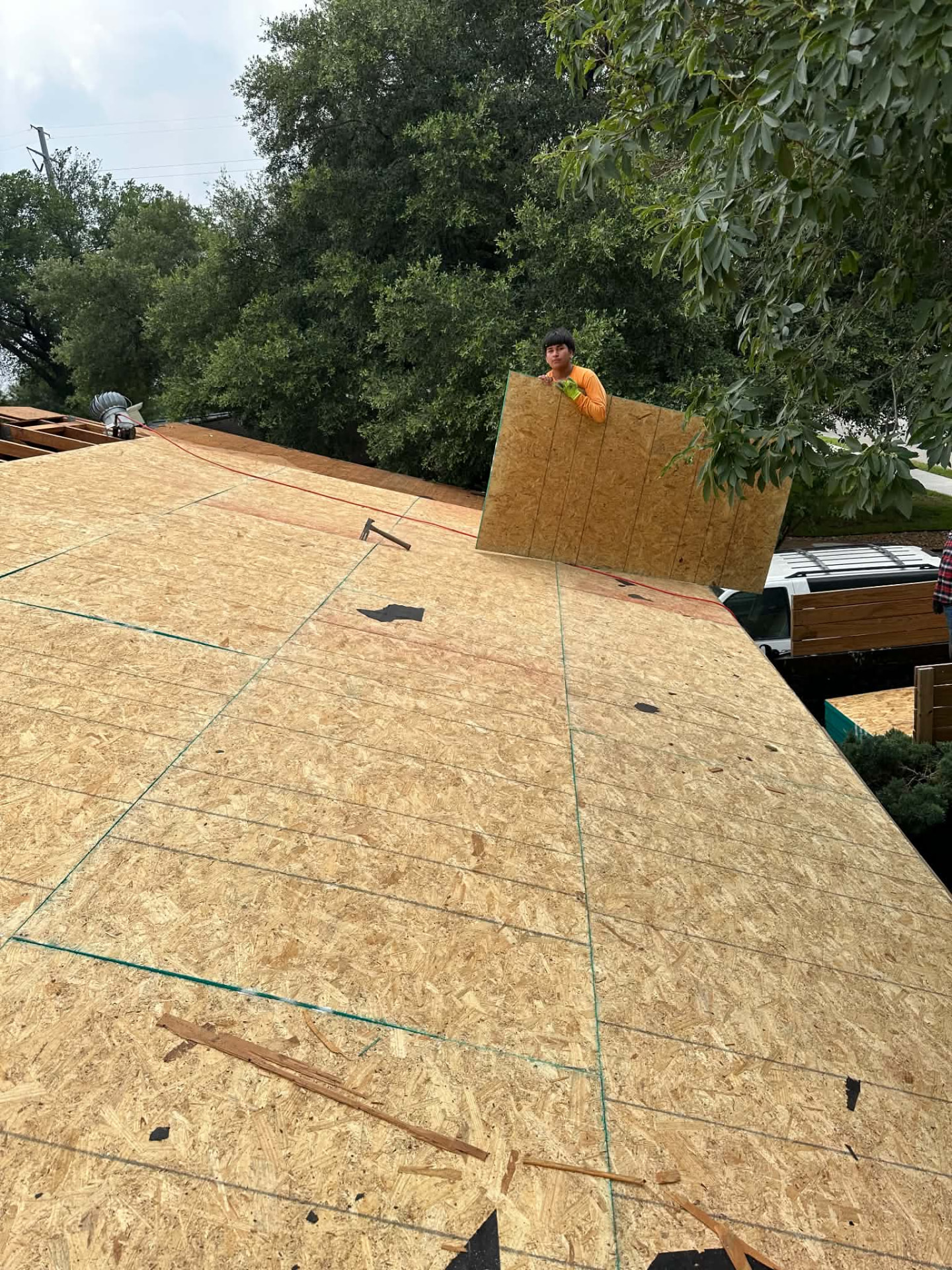 Wood panel decking across the roof during replacement work