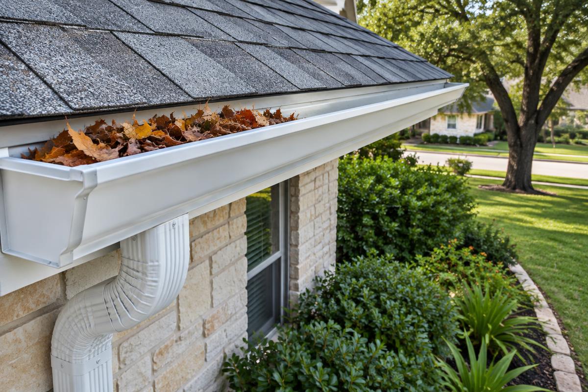 Illustration of leaves gathered in a gutter beside a downspout